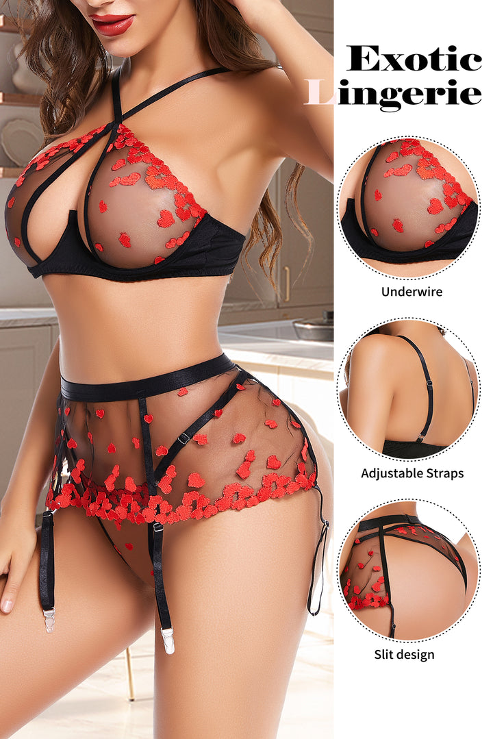 ADSEXY Sexy Set Bra + Panty + Garter with Stockings Lingerie for Women