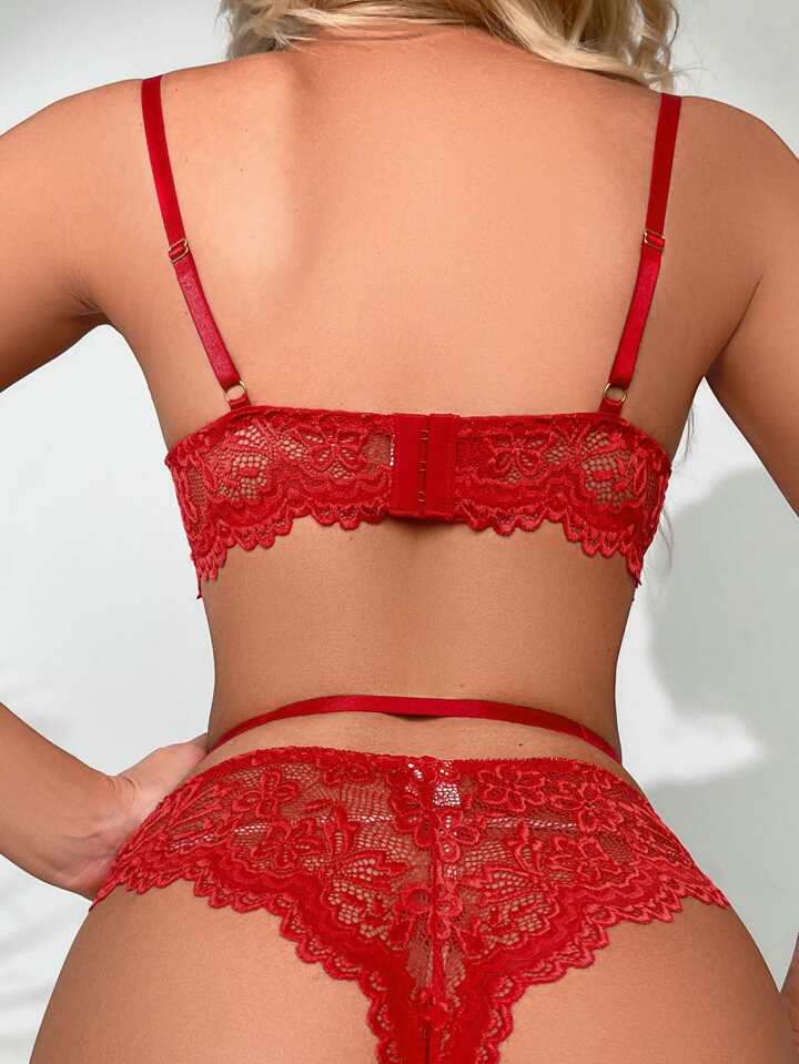 Adsexy Floral Lace Cut Out Rhinestone Detail Underwire Lingerie Set