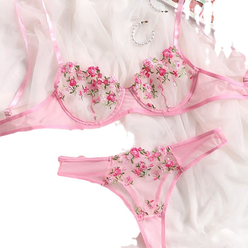 Adsexy Floral Embroidery Mesh Underwire Lingerie Set